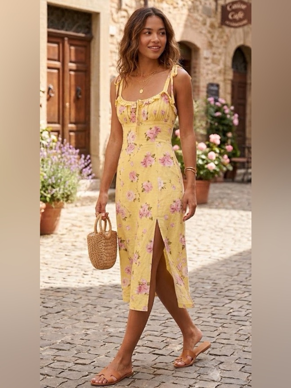 WAYF Floral Midi Dress Yellow Pink Roses Tie Strap Ruffle Bust M Linen Blend